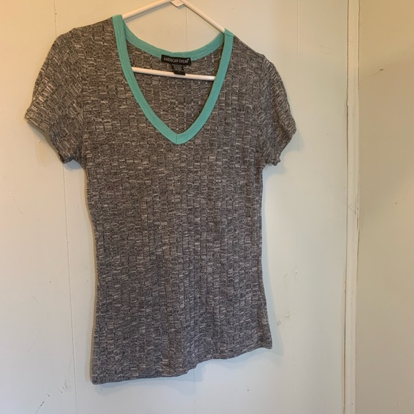 American Dream Gray & Aqua (Blue) V-neck Women's Casual T-shirt size L - Picture 8 of 16